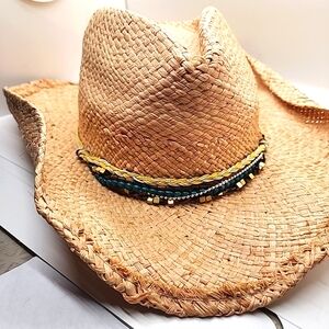 Cowgirl hat turquoise beads wood braids rolled sides Raffia